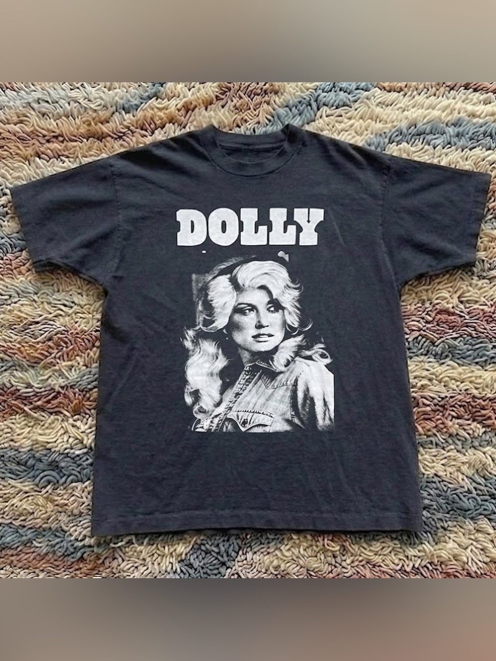 Retro Black Dolly Parton Graphic Short Sleeve Tee with White Print